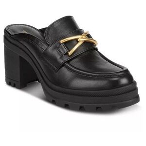 Veronica Beard Black Leather Mules with Gold Detail